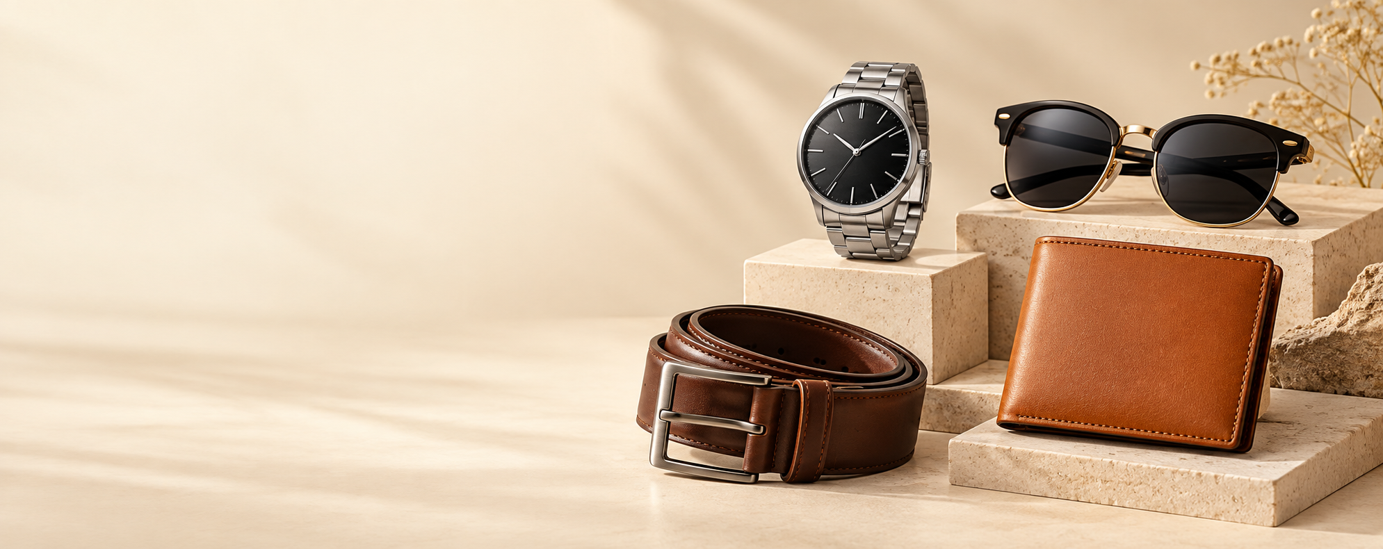Illustrative arrangement of a watch, sunglasses and leather accessories