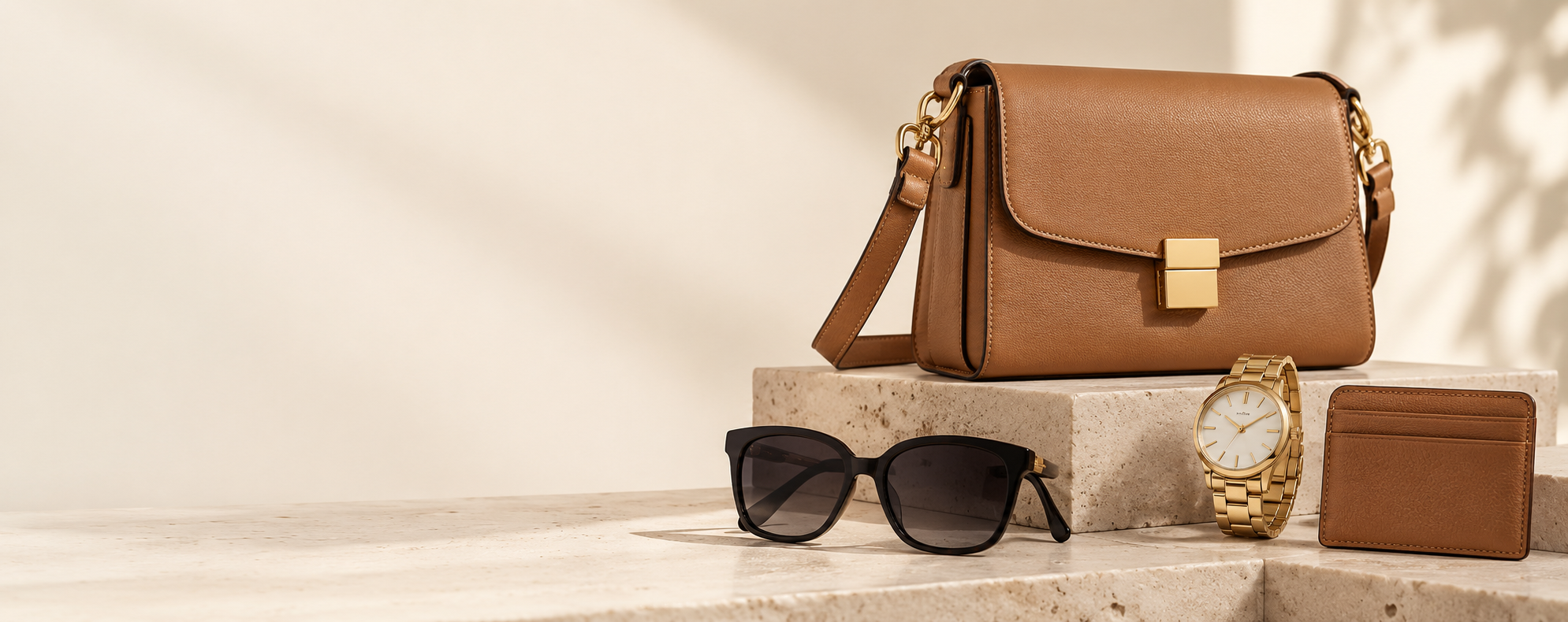 Illustrative lifestyle arrangement of a handbag and accessories