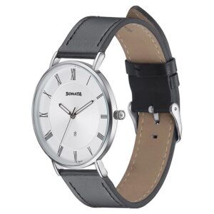 Sonata Quartz Analog with Date Silver Dial Black Leather Strap Watch For Men - 77142SL01 | Rovelle