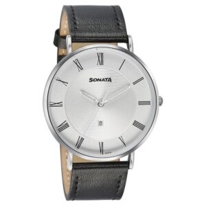 Sonata Quartz Analog with Date Silver Dial Black Leather Strap Watch For Men - 77142SL01 | Rovelle