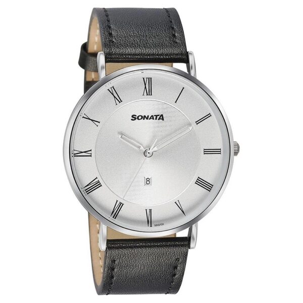 Sonata Quartz Analog with Date Silver Dial Black Leather Strap Watch For Men - 77142SL01 | Rovelle