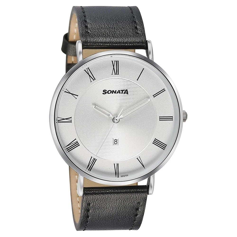 Sonata Quartz Analog with Date Silver Dial Black Leather Strap Watch For Men - 77142SL01