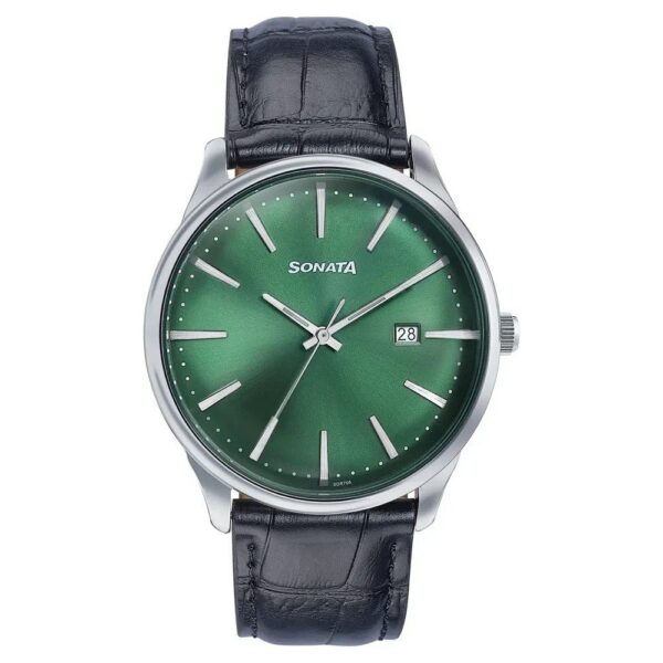Sonata Green Round Dial Black Strap Watch For Gents - 77166SL01 | Rovelle