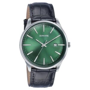 Sonata Green Round Dial Black Strap Watch For Gents - 77166SL01 | Rovelle