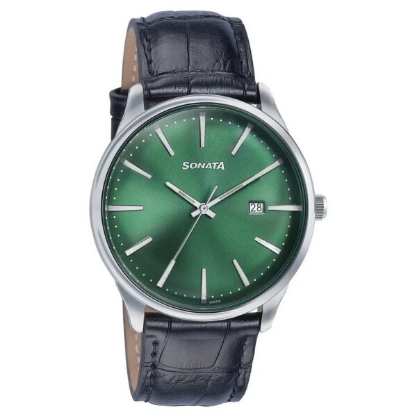 Sonata Green Round Dial Black Strap Watch For Gents - 77166SL01 | Rovelle