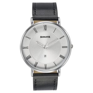 Sonata Quartz Analog with Date Silver Dial Black Leather Strap Watch For Men - 77142SL01 | Rovelle