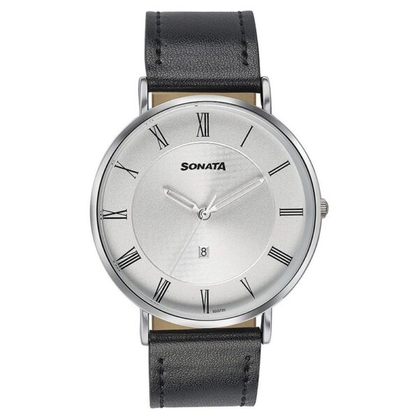 Sonata Quartz Analog with Date Silver Dial Black Leather Strap Watch For Men - 77142SL01 | Rovelle