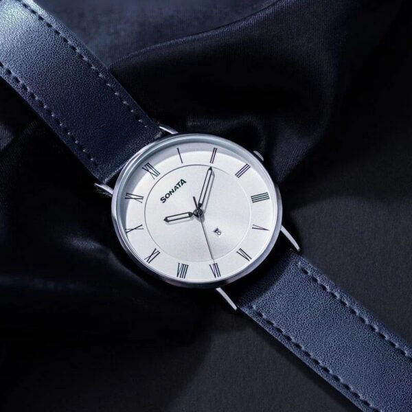 Sonata Quartz Analog with Date Silver Dial Black Leather Strap Watch For Men - 77142SL01 | Rovelle