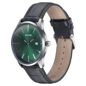 Sonata Green Round Dial Black Strap Watch For Gents - 77166SL01 | Rovelle