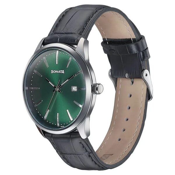 Sonata Green Round Dial Black Strap Watch For Gents - 77166SL01 | Rovelle