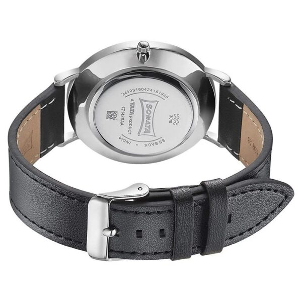 Sonata Quartz Analog with Date Silver Dial Black Leather Strap Watch For Men - 77142SL01 | Rovelle